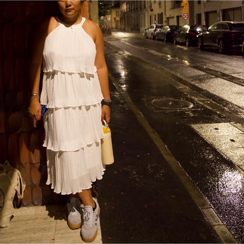 white tiered ruffle dress